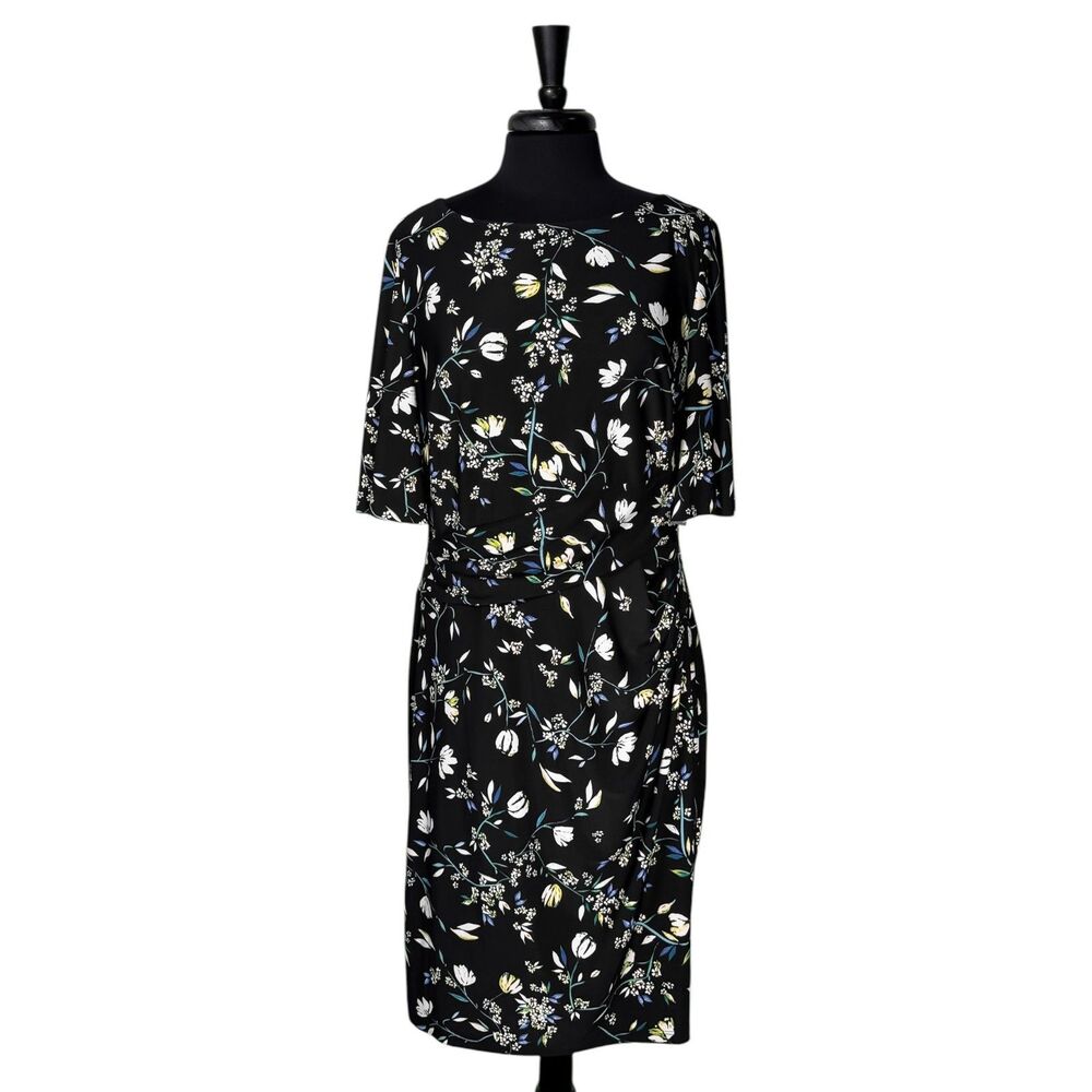 Chaps Womens XL Black Floral Jersey Sheath Dress Ruched Stretch Knee Length